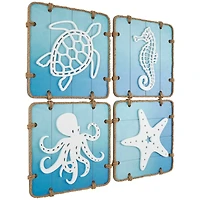 16" x 16" Blue Wooden Sea Life Ombre Wall Decor with Rope Accents Set