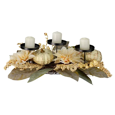 21" White Dahlia & Pumpkin Fall Triple Candle Holder