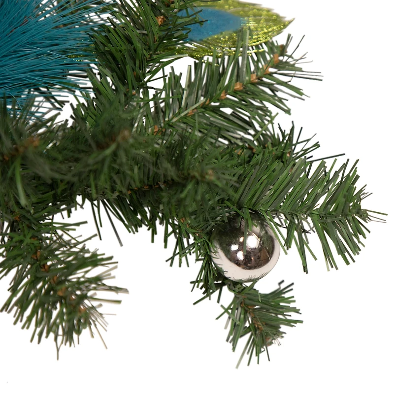 Pre-Decorated Peacock Feathers & Poinsettias Artificial Garland, Unlit