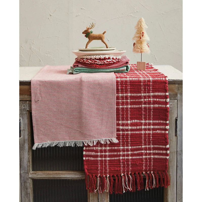 Hello Honey® 72" Red & White Plaid Hand-Woven Cotton Chindi Table Runner with Fringe