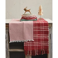 Hello Honey® 72" Red & White Plaid Hand-Woven Cotton Chindi Table Runner with Fringe