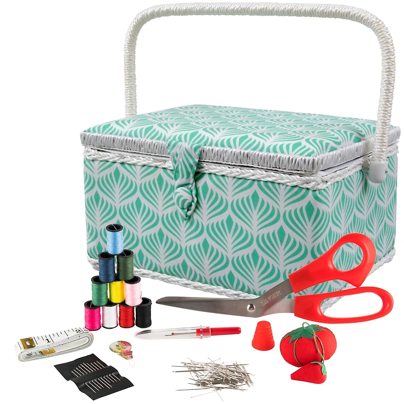 SINGER® Large Blue Boho Fan Print Sewing Basket with Sewing Scissors & Notions