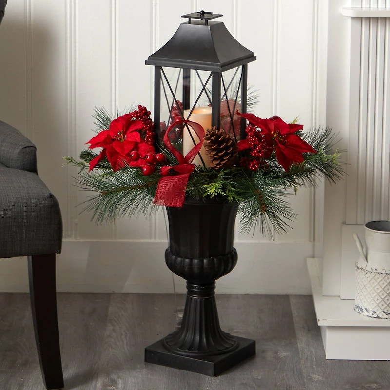33" Christmas Berries & Poinsettia with Large Lantern & LED Candle in Decorative Urn