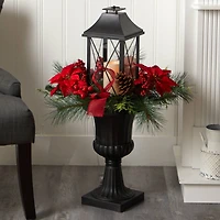 33" Christmas Berries & Poinsettia with Large Lantern & LED Candle in Decorative Urn