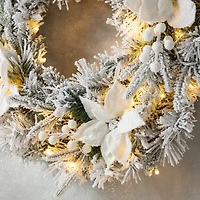 Glitzhome® 24" Pre-Lit Snow Flocked Greenery Pine Poinsettia Christmas Wreath