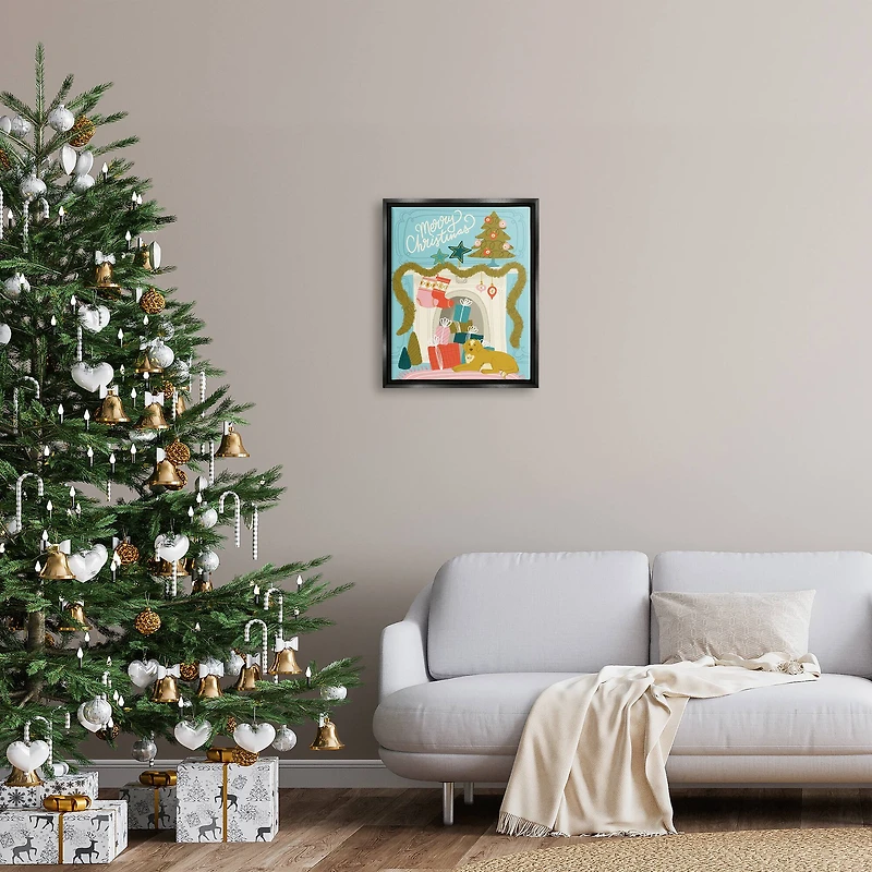 Stupell Industries Whimsical Fireplace Merry Christmas Framed Floater Canvas Wall Art