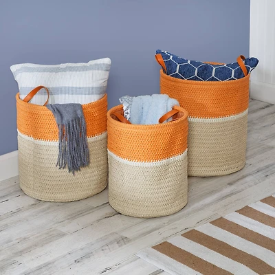 Honey Can Do Orange & Beige Paper Straw Nesting Baskets with Handles Set