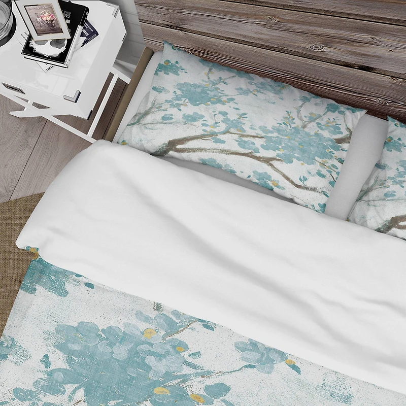 Designart 'Teal Cherry Blossoms I' Farmhouse Bedding Set