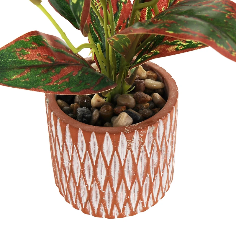 14" Croton Artificial Plant with Geometric Patterned Pot
