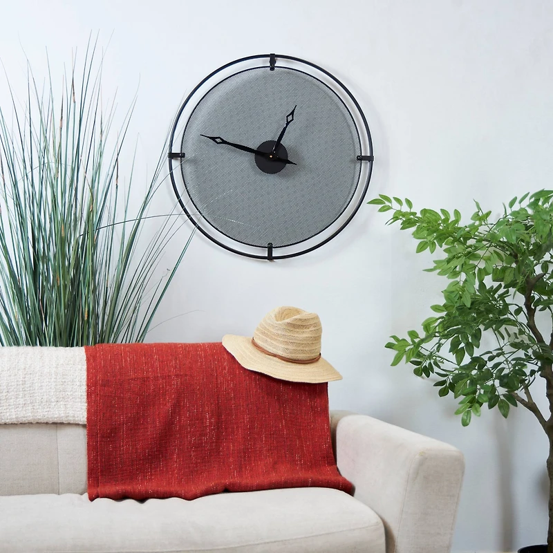 Industrial Black Metal & Gray Mesh Wall Clock