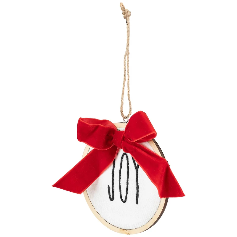Embroidered Joy with Bow Wooden Disc Christmas Ornament - 4.5" - Red and White
