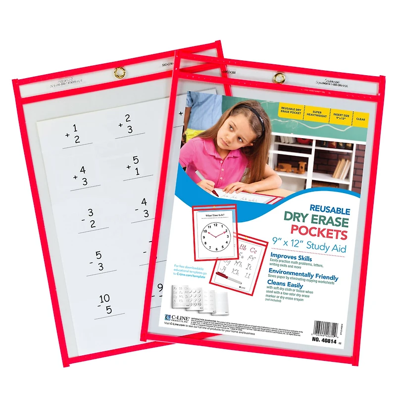 C-Line® Neon Red Reusable Dry Erase Pocket Kit Study Aid