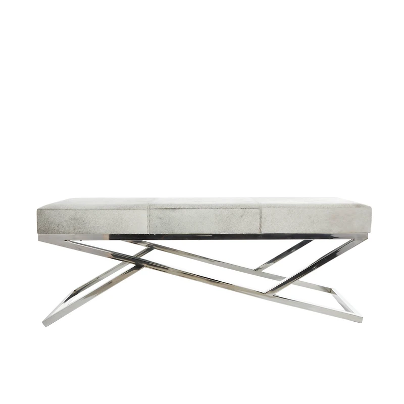 Light Gray Leather Geometric Bench with Angled Silver Metal Base