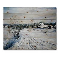Designart - Country Road In Winter Times II - Traditional Print on Natural Pine Wood