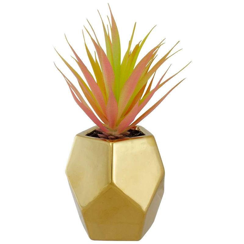 8" Green & Pink Sword Grass in Gold Geometric Pot
