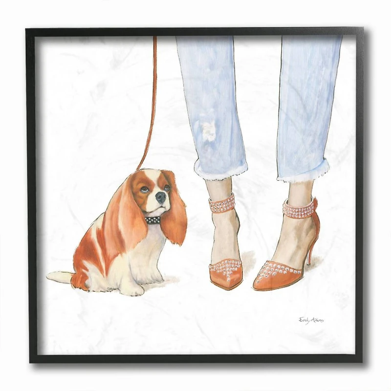 Stupell Industries Orange & White Dog Walk with Glam Sparkle Heels Framed Wall Art