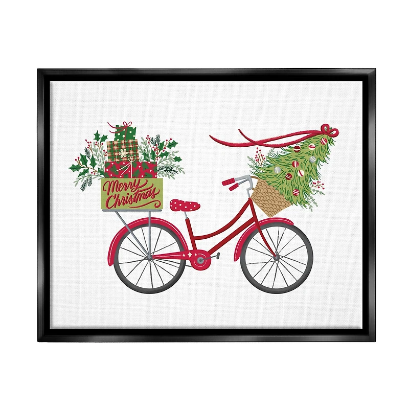 Stupell Industries Merry Christmas Seasonal Bicycle Framed Floater Canvas Wall Art