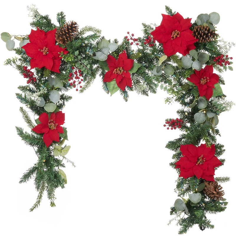 9ft. Pre-Lit LED Christmas Poinsettia Artificial Garland
