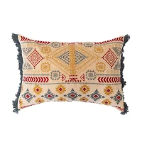 Cotton Velvet Embroidered Lumbar Pillow With Chambray Back & Fringe