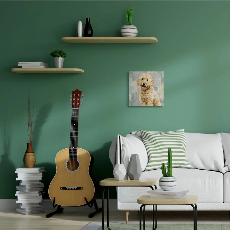 Stupell Industries Smiling Labradoodle Dog Patchwork Grey Beige Pattern Canvas Wall Art