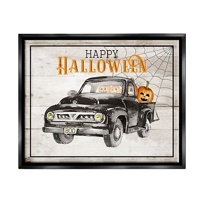 Stupell Industries Happy Halloween Pumpkin Truck Framed Floater Canvas Wall Art