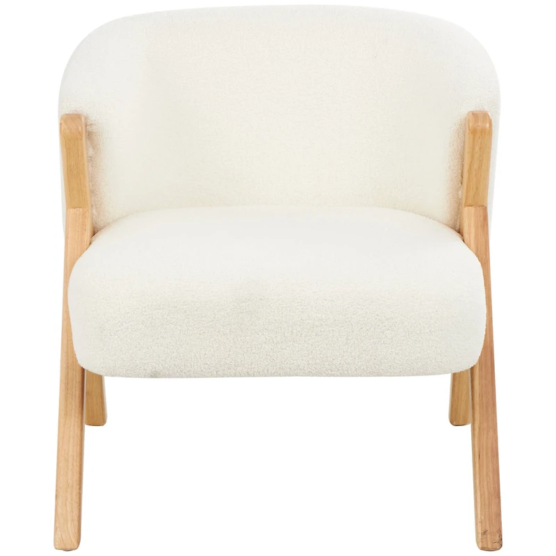 White Polyester Rounded Boucle Accent Chair with Angled Wooden Legs