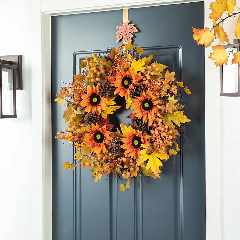 Glitzhome® 24" Fall Sunflower, Maple Leaf & Berry Wreath