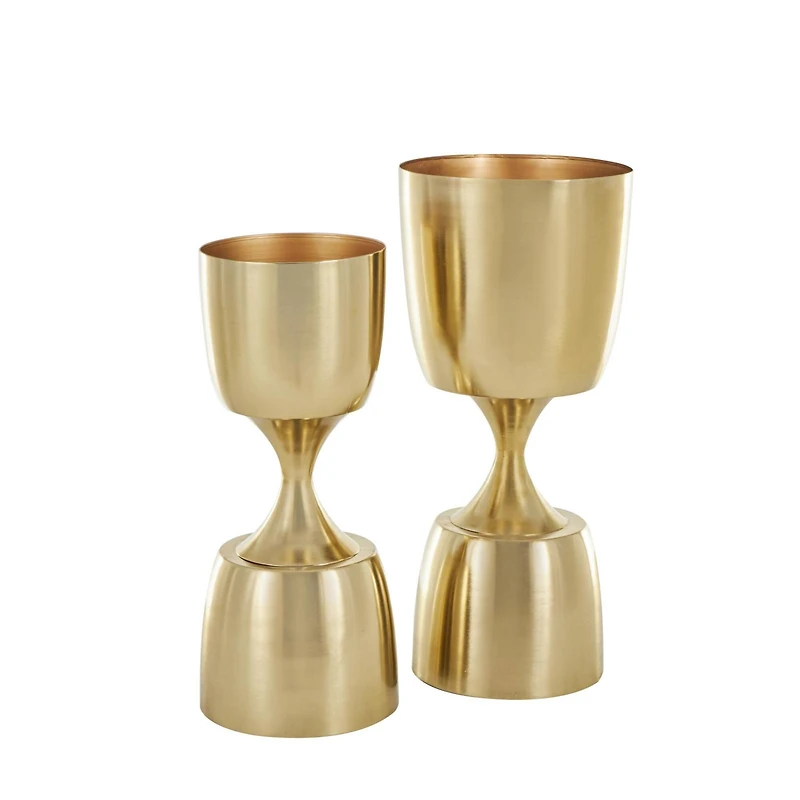 Gold Hourglass Shaped Metal Planter Set with Elevated Base