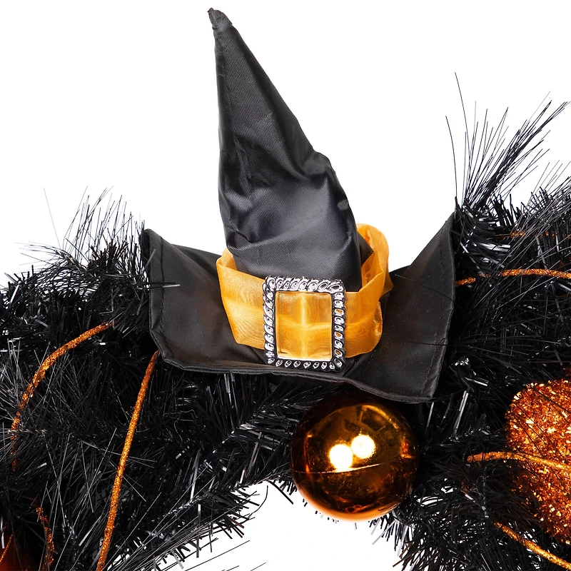 24'' Unlit Orange and Black Witch and Pumpkins Halloween Wreath