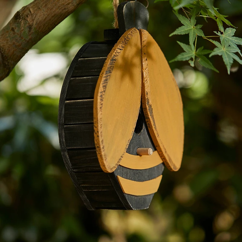 Glitzhome® 11.75" Distressed Wood Bee-Shaped Birdhouse