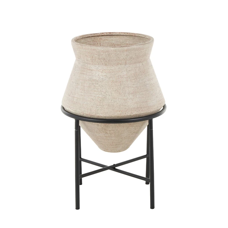 24.5" Beige Metal Wide Vase with Black Metal Stand