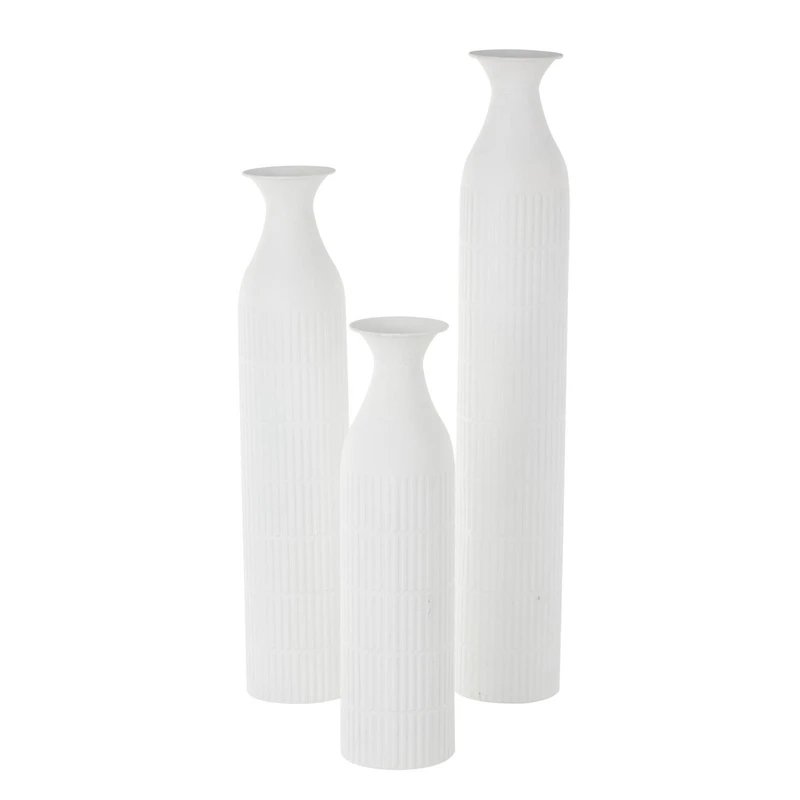 White Ribbed Floor Metal Vase Set