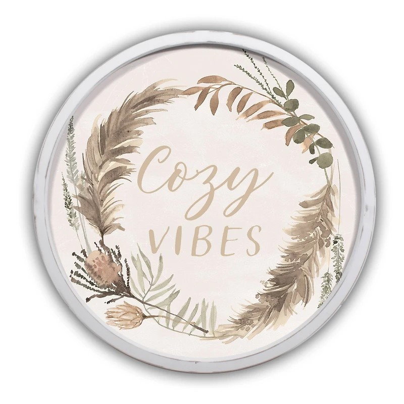 Cozy Vibes Wreath Round White Framed Print