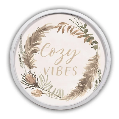 Cozy Vibes Wreath Round White Framed Print
