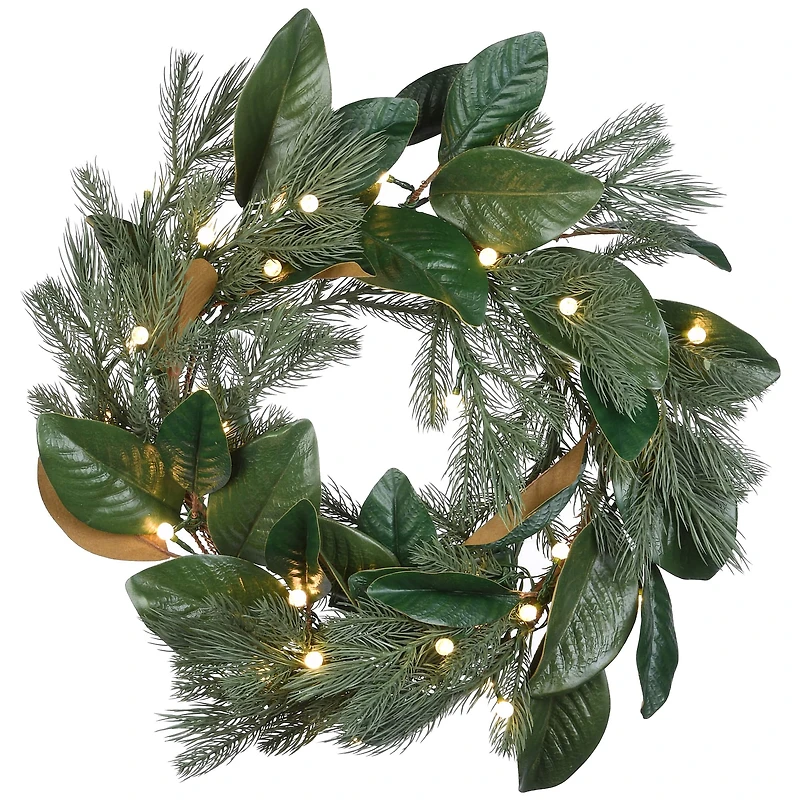 24" Warm White LED Magnolia Mix Pine Wreath