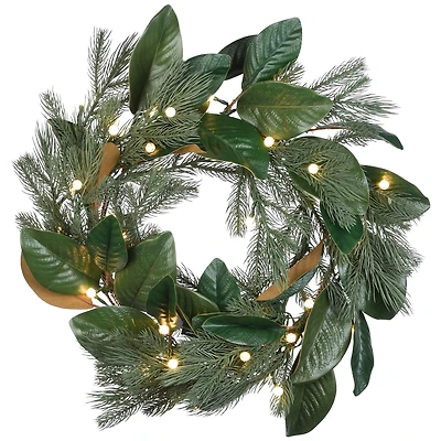 24" Warm White LED Magnolia Mix Pine Wreath