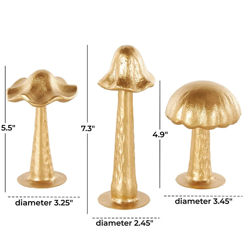 Gold Metal Mushroom Metallic Sculptures with Round Base, 3ct.