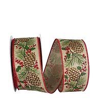 JAM Paper 2.5" x 20yd. Natural Pinecone Berry Sprig Wired Ribbon