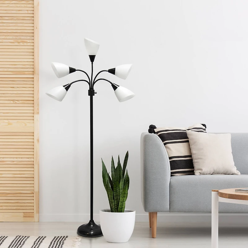 Simple Designs™ 5.5ft. 5-Light Gooseneck Black Floor Lamp with White Shades