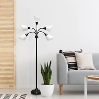 Simple Designs™ 5.5ft. 5-Light Gooseneck Black Floor Lamp with White Shades
