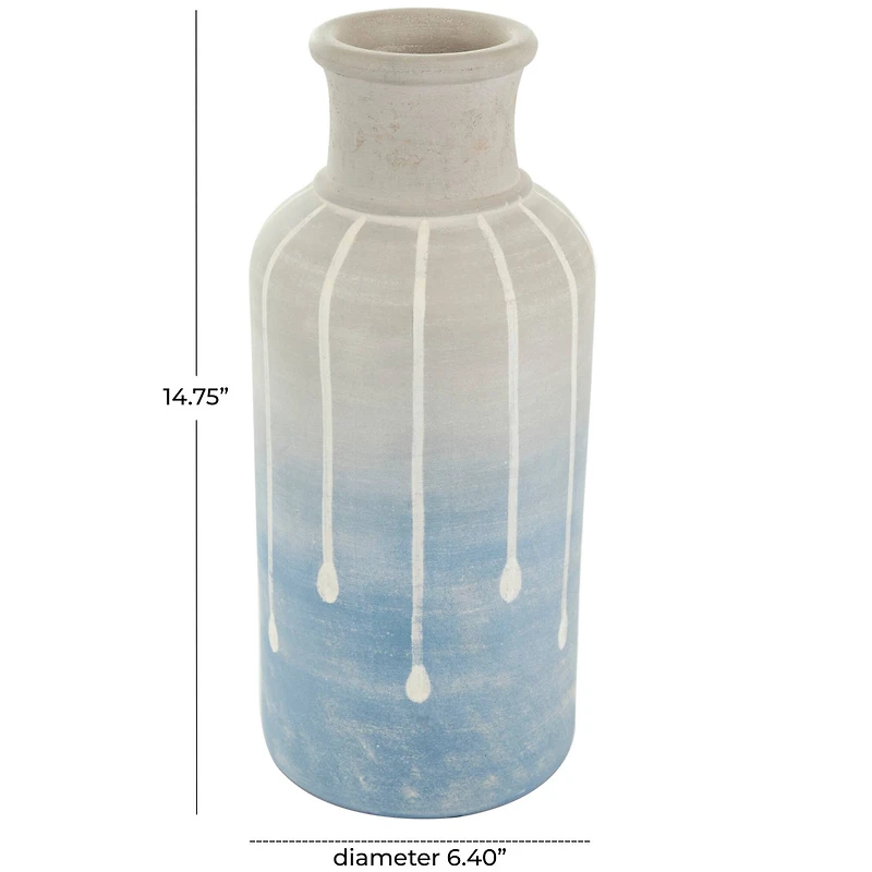 15" Blue & Gray Ceramic Abstract Ombre Drip Vase