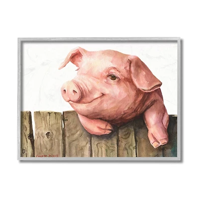 Stupell Industries Piglet on Wooden Fence Pink Farm Animal in Gray Frame Wall Art