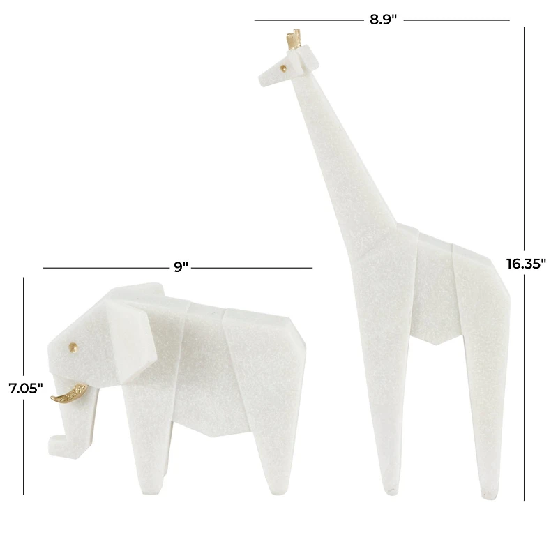 White Polystone Elephant & Giraffe Cubist Inspired Sculpture Set