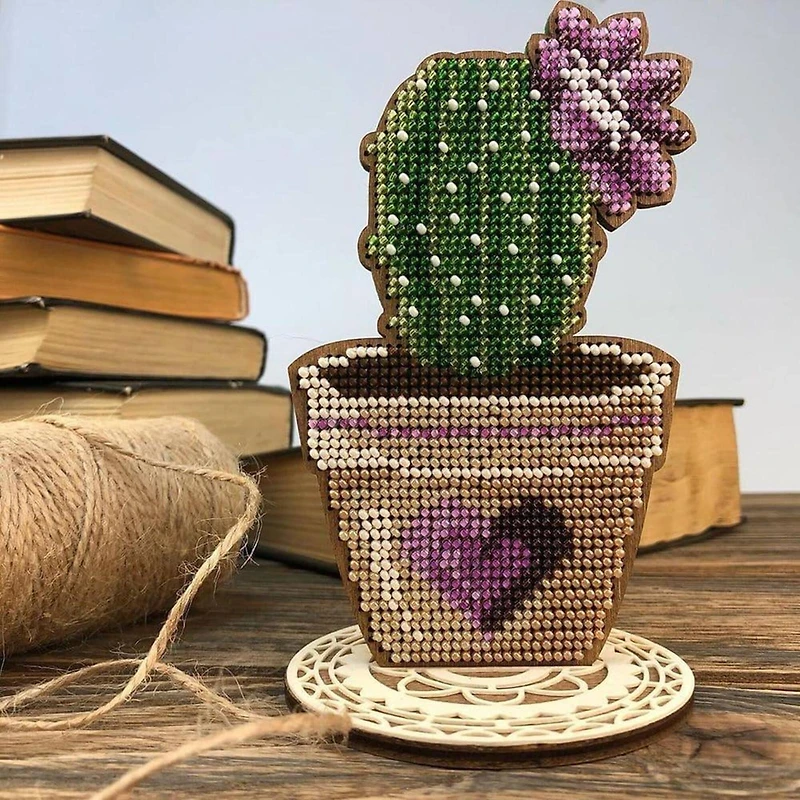 Wonderland Crafts Cactus in Heart Pot Bead Embroidery on Wood Kit