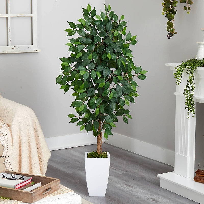 4.5ft. Ficus Artificial Tree in White Metal Planter