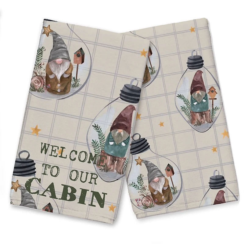 Welcome to our Cabin Cream and Check Gnome Globe Pattern Tea Towel