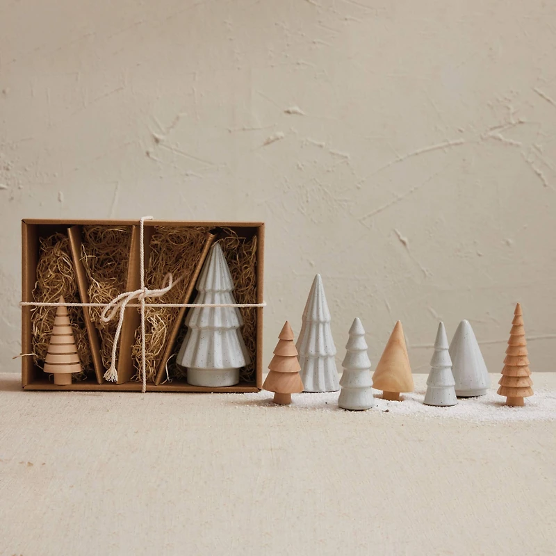 Hello Honey® White & Natural Stoneware & Wood Christmas Trees Set