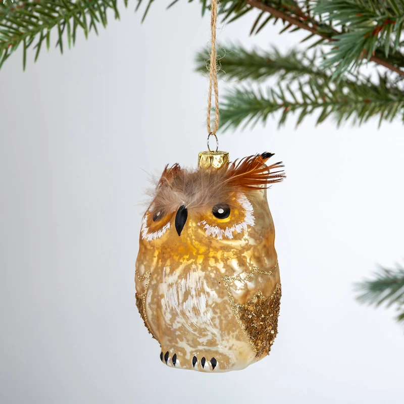 Hello Honey® 4" Brown Owl Glass Ornament with Feathers
