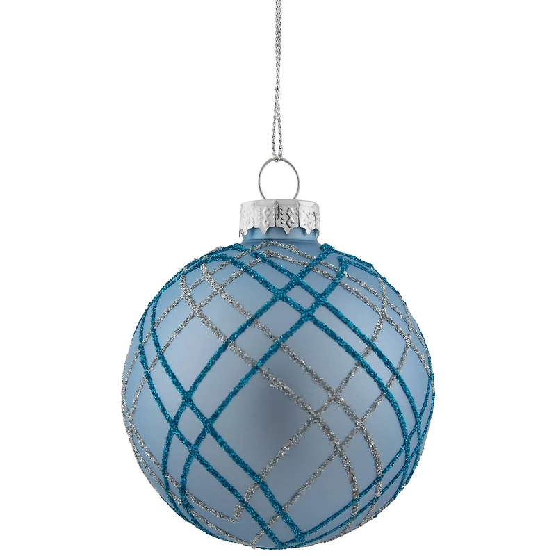 4ct. 2.75" Blue & Silver Plaid Glitter Glass Christmas Ornament Ball Set