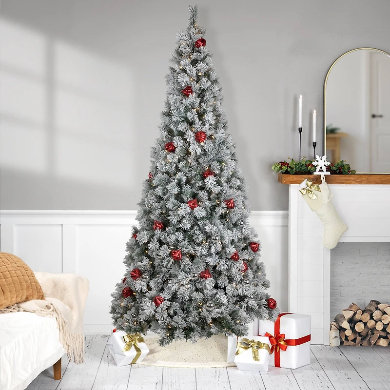 7.5ft. Pre-Lit Snowy Bristle Pine Artificial Christmas Tree with Ornaments, Warm White LED Lights